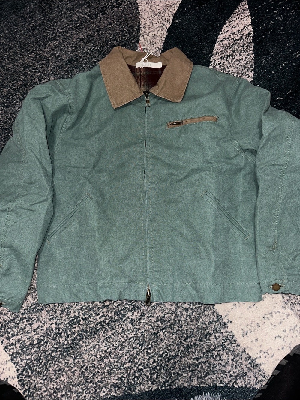 MNML Men's Green Zip-Front Work Jacket with Brown Corduroy Collar